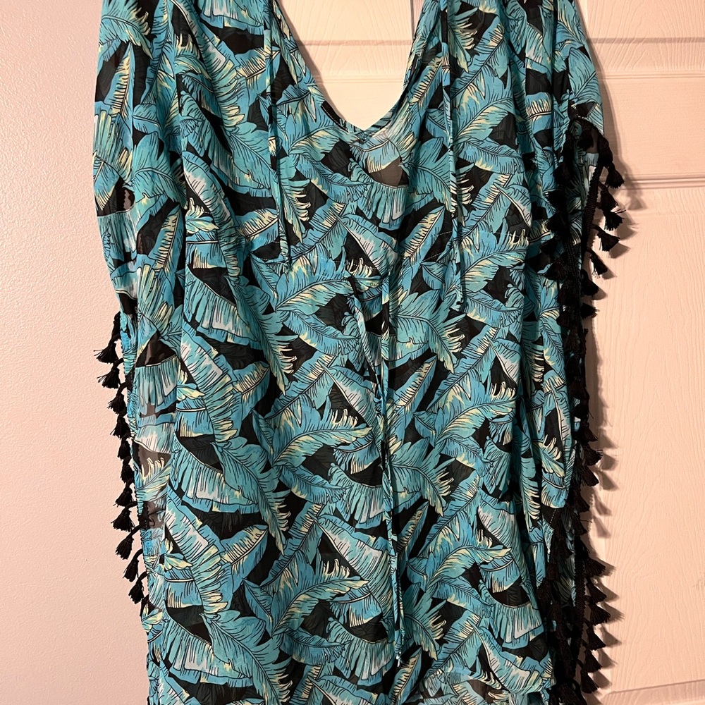 Miken Swim Blue Boho Hippie Tropical Feather Sheer Kaftan Swim Dress Coverup